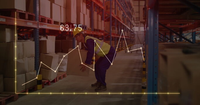 Image of financial data processing over asian male worker in warehouse