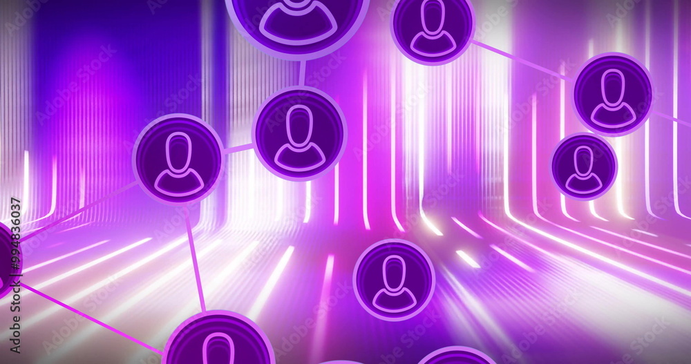 Poster network of user icons connected by lines, digital communication image over neon background