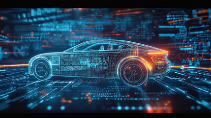 A hologram of an electric car with data and graphs floating around it, surrounded by digital screens displaying various vehicle performance metrics