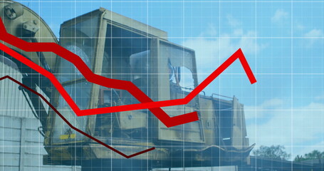 Red arrow and grid image over construction equipment in industrial setting