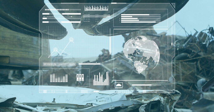 Data analysis image over wrecked vehicles in junkyard