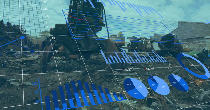 Graphs and charts image over industrial machinery in scrapyard - Powered by Adobe
