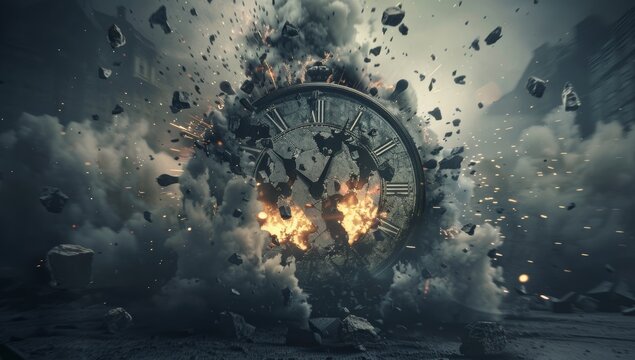 The urgency of time running out is vividly portrayed as the clock explodes, shattering into pieces with breaking glass, revealing its inner workings engulfed in dust, smoke, and fire.