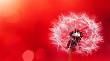 Delicate dandelion seed head in full bloom against a vibrant red background, symbolizing wishes, dreams, and the ephemeral nature of life's fleeting moments.