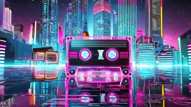 Retro Neon City with Cassette Tape and Skyline