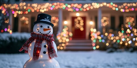 snowman with a scarf and hat standing in front American mansion decorated with many colorful lights garlands with light decorations in front of the house, with lights and a bokeh effect