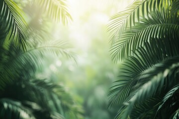 Blur background of dense tropical jungle with palm trees. Realistic 3D render of an exotic forest. Wilderness exploration and tropical flora concept. generative ai