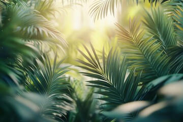 Blur background of dense tropical jungle with palm trees. Realistic 3D render of an exotic forest. Wilderness exploration and tropical flora concept. generative ai