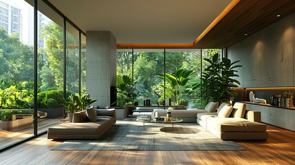 Fototapeta premium A spacious modern living room, with sleek furniture and green plants accentuating the luxury, large windows casting soft light on the wooden floor