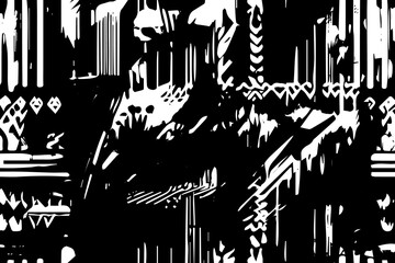 Naklejka premium Stock Photo Title: Ethnic Tribal Illustration with Splash Tie Pattern, Ikat Borders, and Abstract Graffiti Wall Featuring Artistic Brushes
