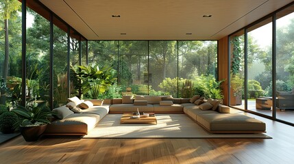A spacious modern living room, with sleek furniture and green plants accentuating the luxury, large windows casting soft light on the wooden floor