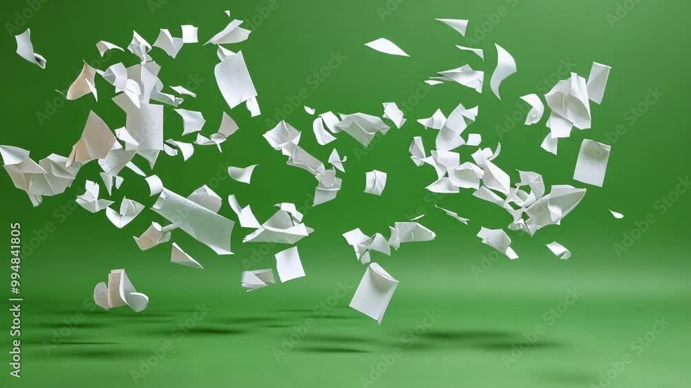 Poster many white pieces of paper are flying in the air, creating a dynamic and chaotic scene on a green sc