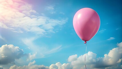 Obraz premium A single pink balloon floats against a backdrop of blue sky and white clouds, symbolizing hope, joy, and the freedom to soar.