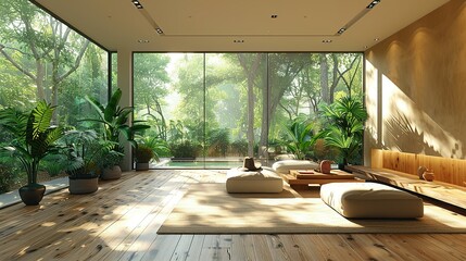 A spacious modern living room, with sleek furniture and green plants accentuating the luxury, large windows casting soft light on the wooden floor