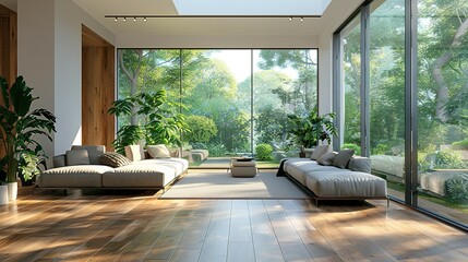 Fototapeta premium A spacious modern living room, with sleek furniture and green plants accentuating the luxury, large windows casting soft light on the wooden floor