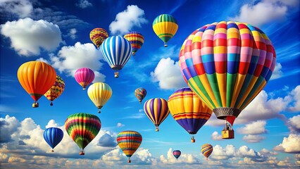 Obraz premium A vibrant spectacle of hot air balloons against a backdrop of fluffy white clouds and a clear blue sky.