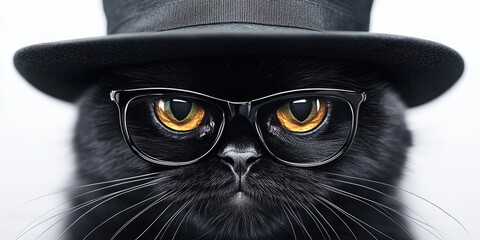 A stylish feline dons a chic hat and trendy glasses, posing confidently in a minimalist setting during a sunny afternoon, showcasing its adorable personality and fashion sense