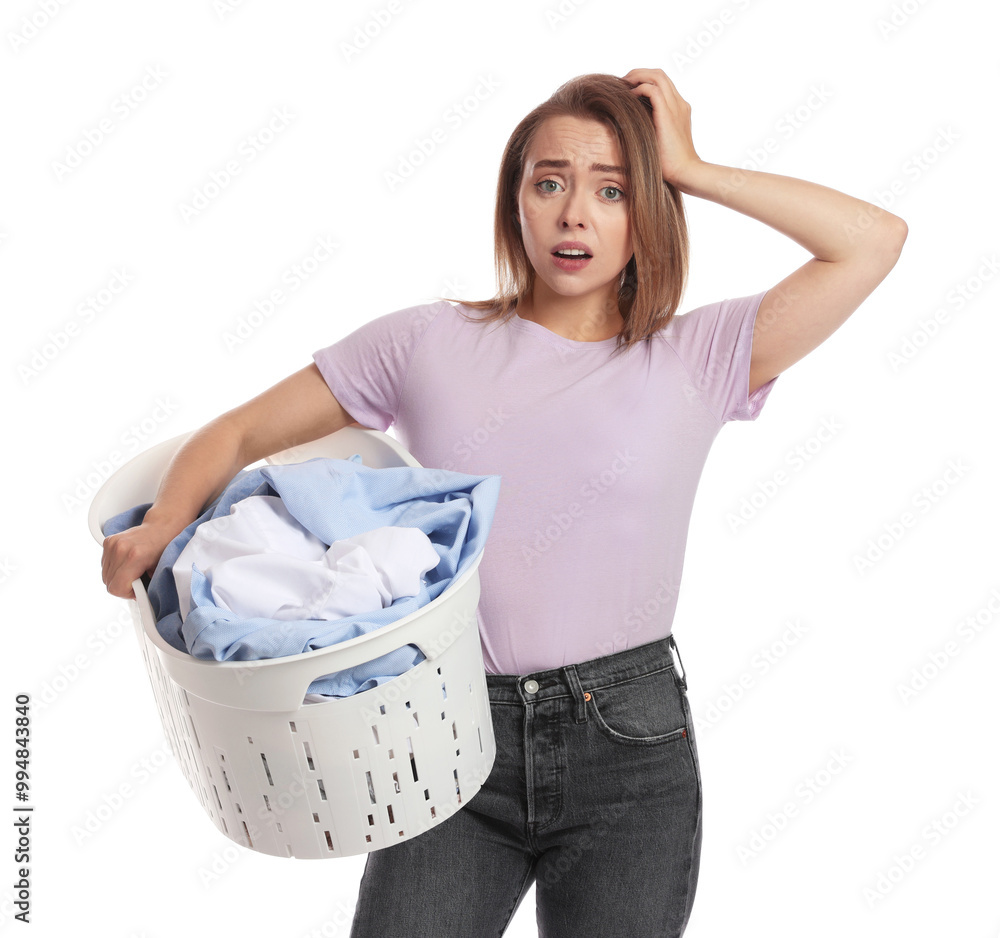 Canvas Prints Tired housewife with basket full of laundry on white background