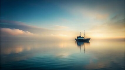 A lone vessel rests in the serene stillness of a misty dawn, its reflection mirroring the soft hues of the rising sun.