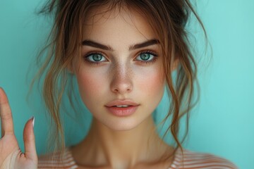 Serious Woman in Striped T-Shirt: A Striking Portrait of Emotion Against a Pastel Blue Background