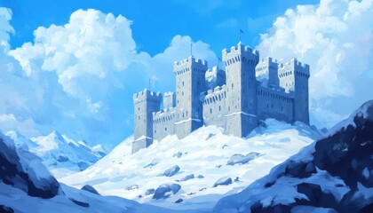 A grand castle surrounded by snow-covered mountains under a blue sky.