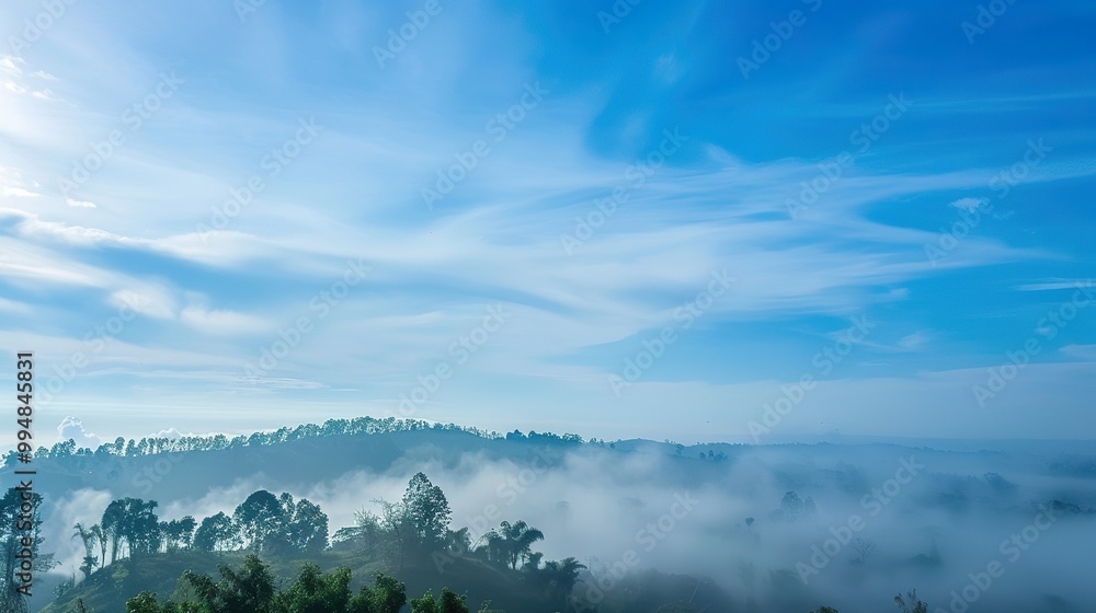 Wall mural blue_sky_with_landscape_in_fog