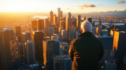 A person overlooking a city skyline during a vibrant sunset.
