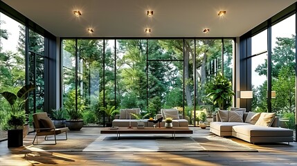 Fototapeta premium A spacious modern living room, with sleek furniture and green plants accentuating the luxury, large windows casting soft light on the wooden floor