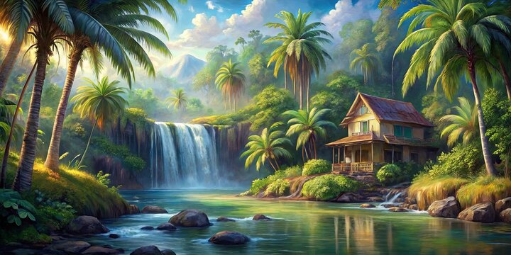 A peaceful jungle haven with a cascading waterfall, a secluded house, and a sunlit river winding through the lush foliage.