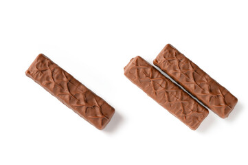 Chocolate bar with caramel isolated on white back ground. Top view
