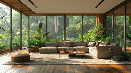 A spacious modern living room, with sleek furniture and green plants accentuating the luxury, large windows casting soft light on the wooden floor