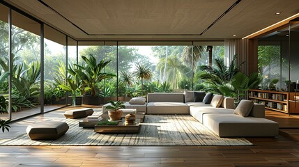 A spacious modern living room, with sleek furniture and green plants accentuating the luxury, large windows casting soft light on the wooden floor