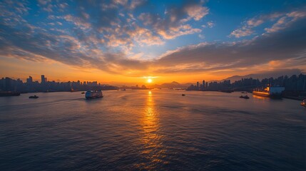 Obraz premium Golden Sunset Over a City Skyline with a Cruise Ship