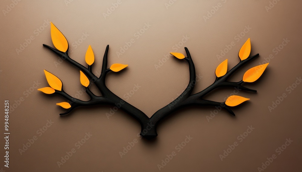 Wall mural artistic branch with orange leaves on a textured brown background.