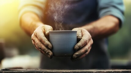 Artisan hands shaping a steaming clay bowl, soft lighting, creative process.