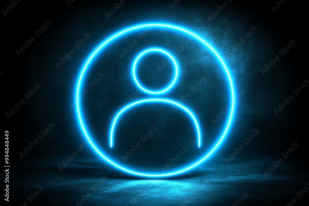 Poster neon blue glowing user profile icon against a black foggy background symbolizing online identity dig