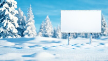 Fototapeta premium Blank billboard in a snowy landscape with evergreen trees under a clear blue sky.