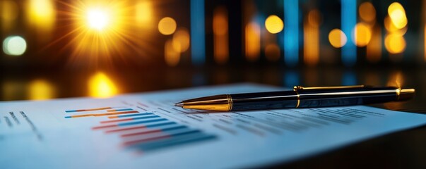 Business report with pen and graphs, illuminated background.