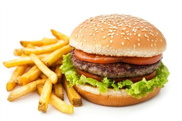 Close up of tasty burger isolated on white background. french fries and the burger with meat, cooking a burger at home. junk fast food. generative ai