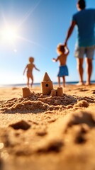 Children playing near a sandcastle on a sunny beach with parents in the background.