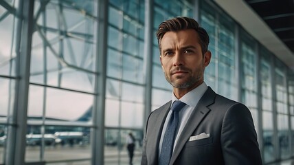 Fototapeta premium Portrait of a handsome businessman looking out of a glass wall at an airport