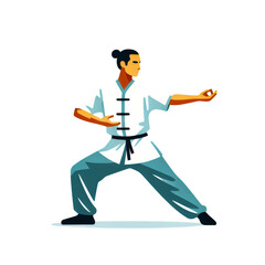 Isolated vector illustration of a young man practicing Tai Chi on a white background.
