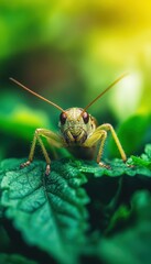 Close-up of a grasshopper on vibrant green leaves, soft focus, nature's beauty.