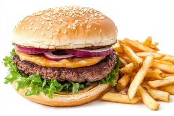 Close up of tasty burger isolated on white background. french fries and the burger with meat, cooking a burger at home. junk fast food. generative ai