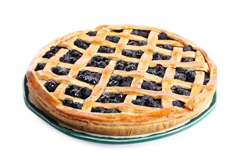 Tasty homemade pie with blueberries isolated on white