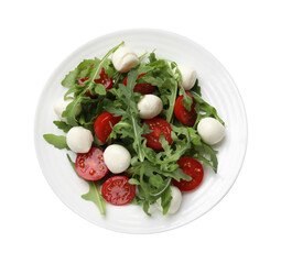 Tasty salad with arugula, spinach, mozzarella cheese and tomatoes isolated on white, top view