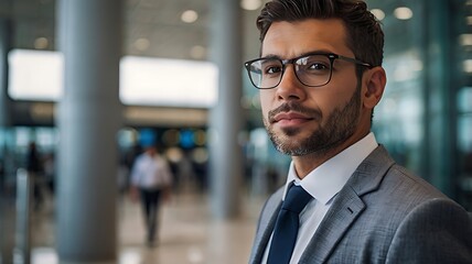 Portrait of a handsome businessman looking out of a glass wall at an airport