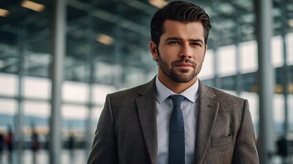 Fototapeta premium Portrait of a handsome businessman looking out of a glass wall at an airport