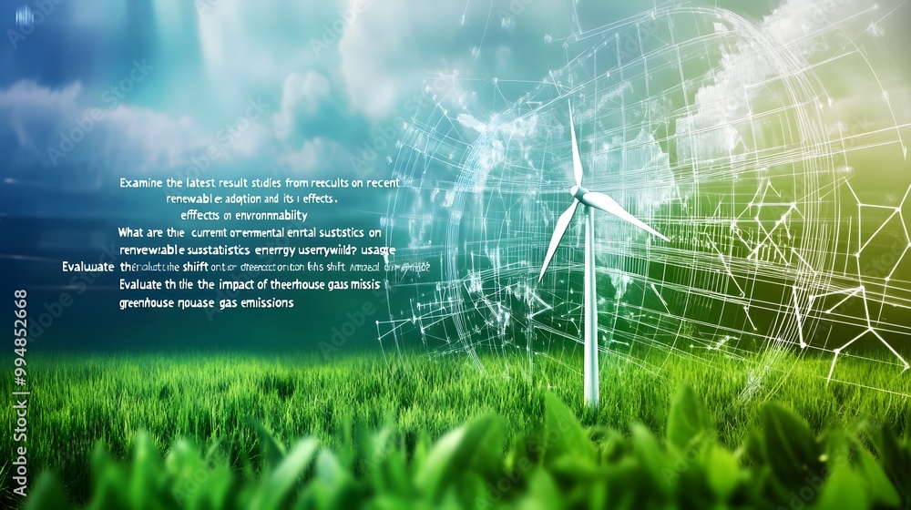 Aufkleber wind turbine in a field with a globe network overlay