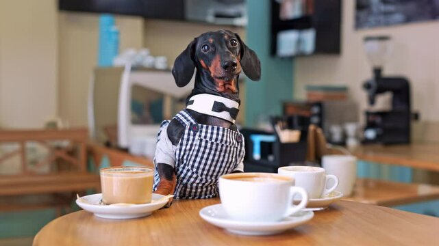 A charming dachshund dressed as a barista stands behind a cafe table adorned with steaming coffee cups, offering a whimsical twist on coffee culture